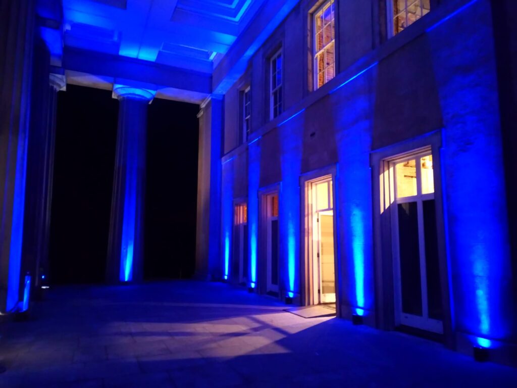 The Grange Uplighting in blue to entrance portico