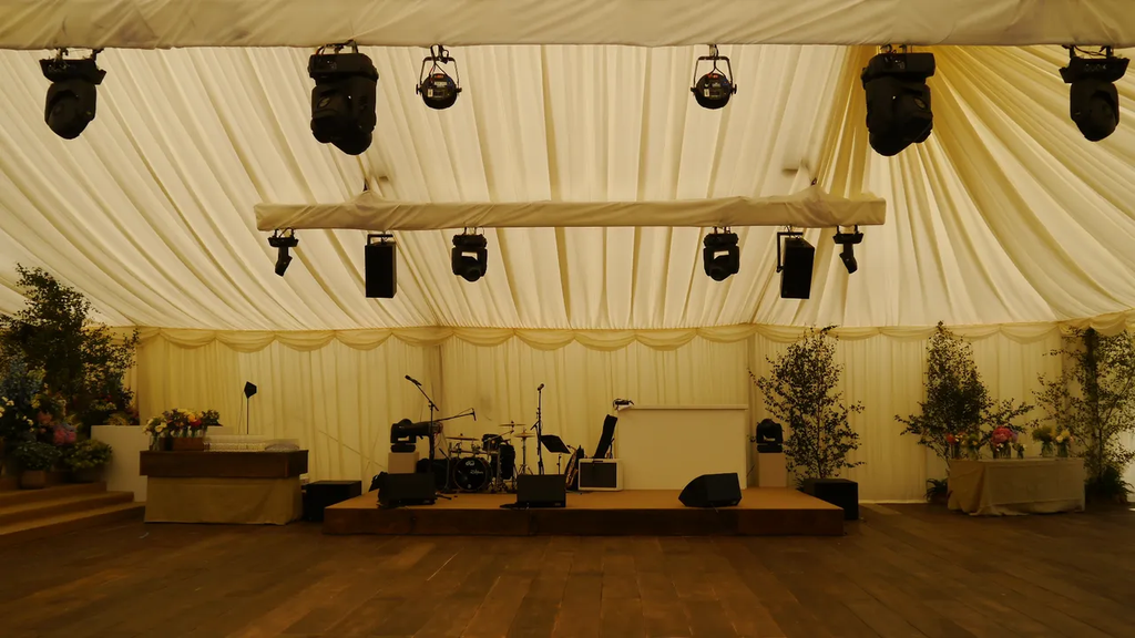 Marquee with Lighting Rig, Stage for Band, Sound and Plants