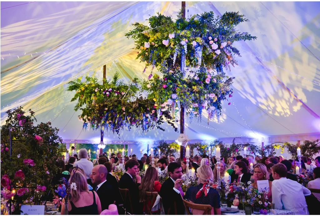 Floral Installations, floral break up wash, long table wedding reception